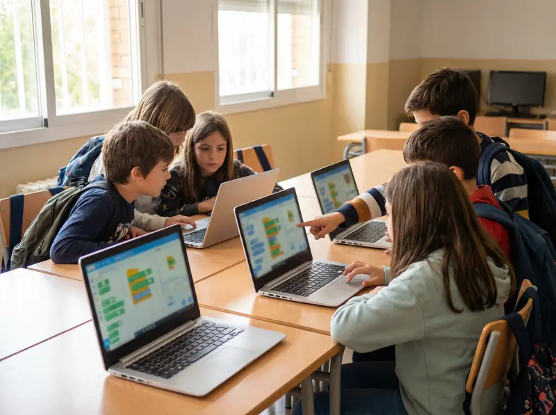 Grupo de alumnos trabajando en portátiles en un aula