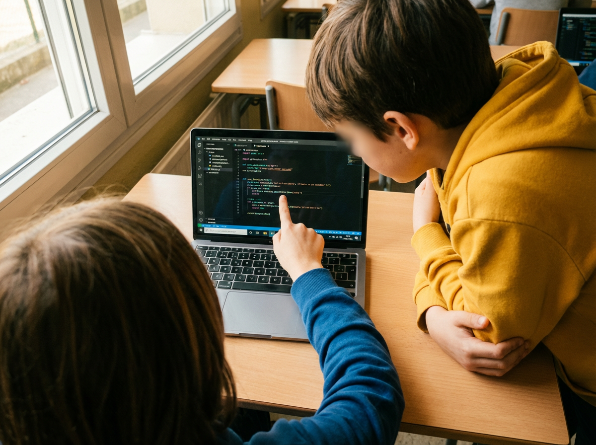 Dos alumnos revisando código Python juntos en un portátil