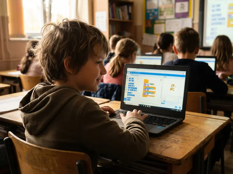 Alumno sonriendo mientras programa en Scratch