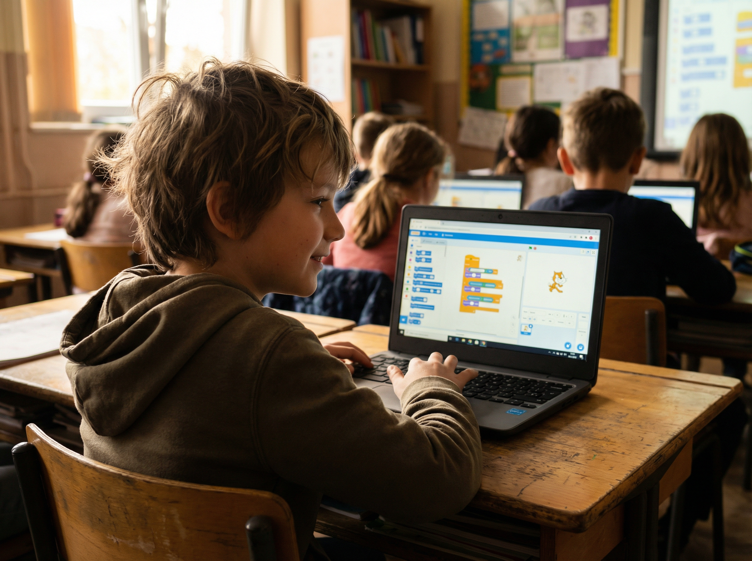 Alumno sonriendo mientras programa en Scratch en el aula